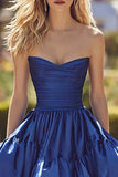 Dark Blue Tiered Long Ruffled Prom Dress with Slit