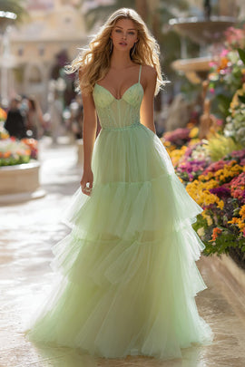 Light Green Corset Tiered Tulle Long Prom Dress with Ruffles
