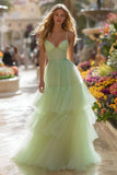 Light Green Corset Tiered Tulle Long Prom Dress with Ruffles