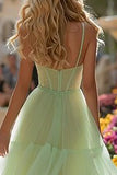 Light Green Corset Tiered Tulle Long Prom Dress with Ruffles