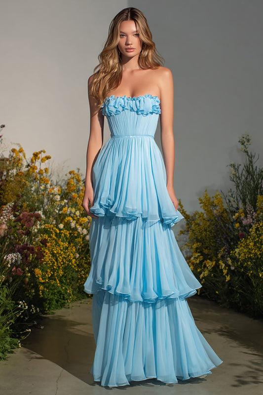 Sky Blue A-Line Tiered Long Prom Dress with Ruffles