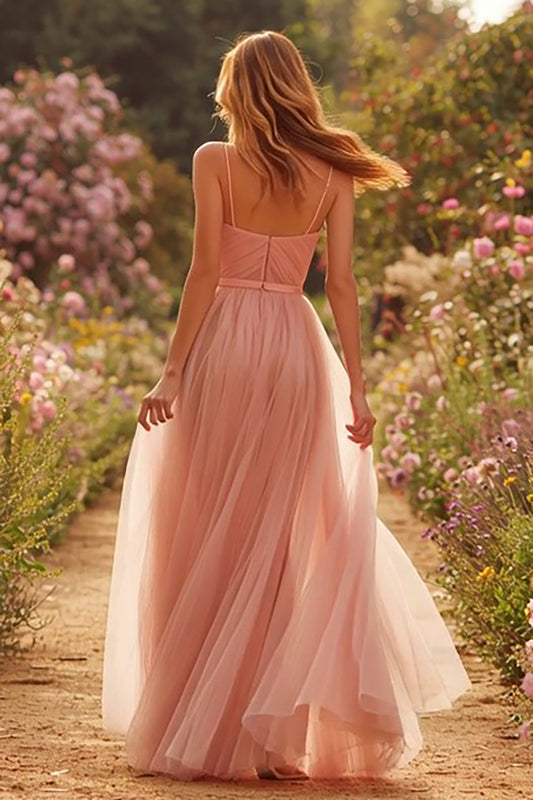 Dusty Rose Spaghetti Straps A-Line Long Prom Dress