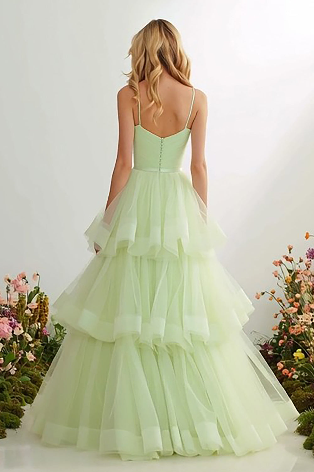 Light Green Tiered  Long Prom Dress with Ruffles