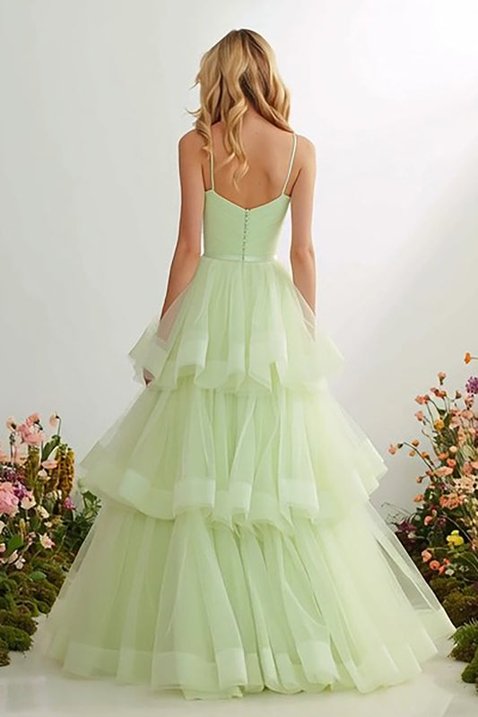 Light Green Tiered  Long Prom Dress with Ruffles