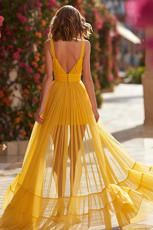 Yellow A-Line Long Pleated Prom Dress with Slit
