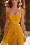 Yellow A-Line Long Pleated Prom Dress with Slit