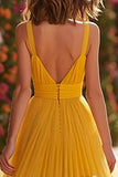 Yellow A-Line Long Pleated Prom Dress with Slit