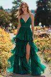 Sparkly Dark Green Tiered Long Ruffled Prom Dress with Slit
