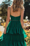 Sparkly Dark Green Tiered Long Ruffled Prom Dress with Slit