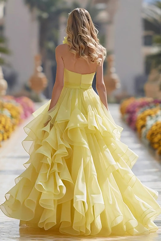 Light Yellow Tiered Long Prom Dress with Ruffles