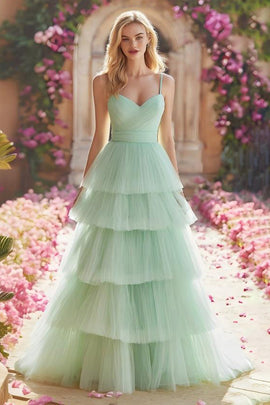 Mint Green Tiered Princess Long Ruffled Prom Dress with Pleats