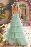 Mint Green Tiered Princess Long Ruffled Prom Dress with Pleats