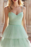 Mint Green Tiered Princess Long Ruffled Prom Dress with Pleats