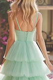 Mint Green Tiered Princess Long Ruffled Prom Dress with Pleats