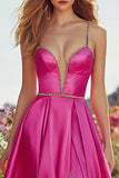 Sparkly Fuchsia A-Line Long Prom Dress with Slit