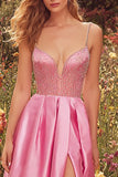 Sparkly Pink A-Line Long Beaded Prom Dress with Slit