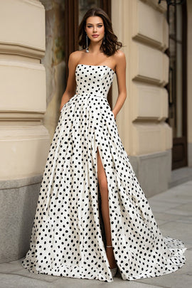 Black and White Polka Dots A-Line Long Prom Dress with Slit