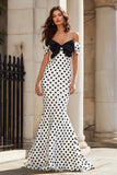 Black and White Polka Dots Mermaid Long Prom Dress with Bow