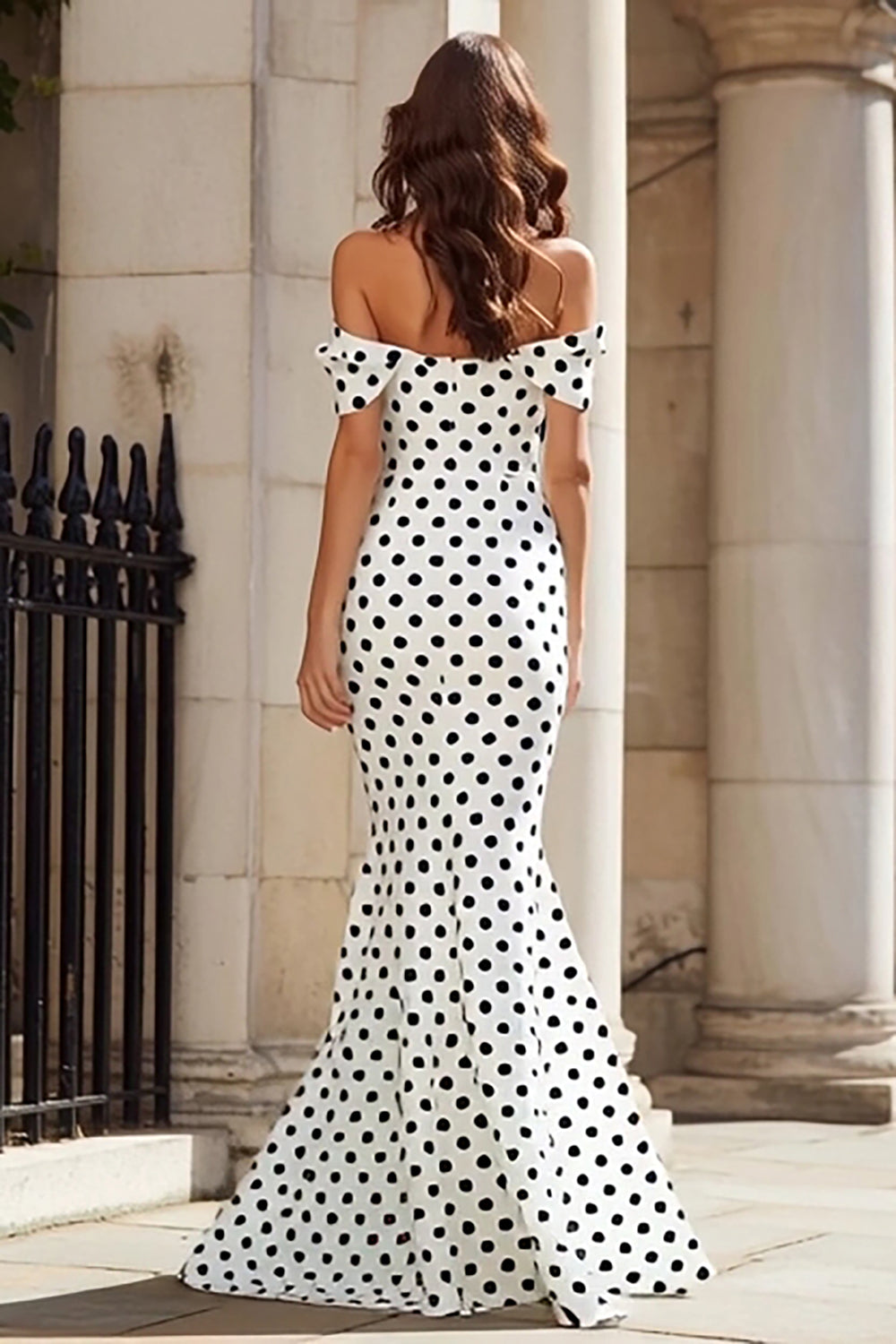 Black and White Polka Dots Mermaid Long Prom Dress with Bow