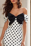 Black and White Polka Dots Mermaid Long Prom Dress with Bow
