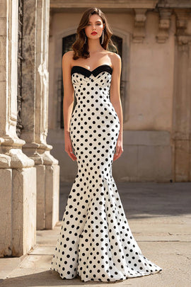 Black and White Polka Dots Mermaid Strapless Long Prom Dress