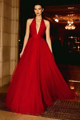 Red A-Line Halter Neck Long Gala Dress