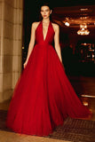 Red A-Line Halter Neck Long Gala Dress
