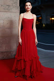 Red A-Line Tiered Long Gala Dress with Ruffles