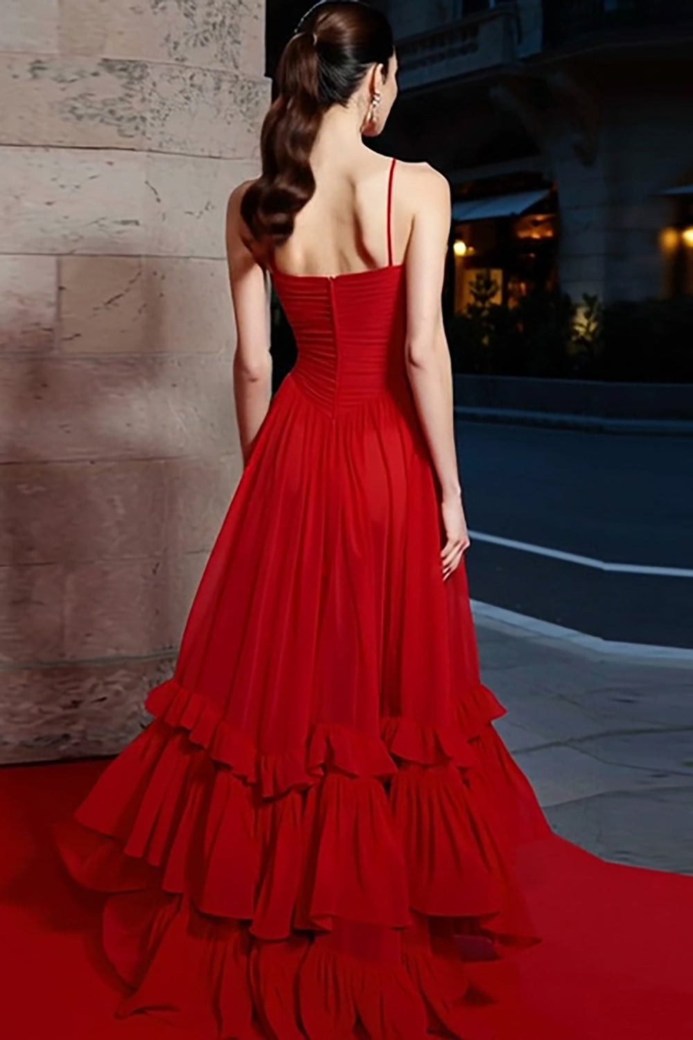 Red A-Line Tiered Long Gala Dress with Ruffles