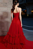 Red A-Line Tiered Long Gala Dress with Ruffles