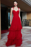 Red Tiered Long Gala Dress with Ruffles