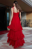 Red Tiered Long Gala Dress with Ruffles