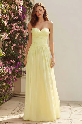 Light Yellow A Line Long Bridesmaid Dress