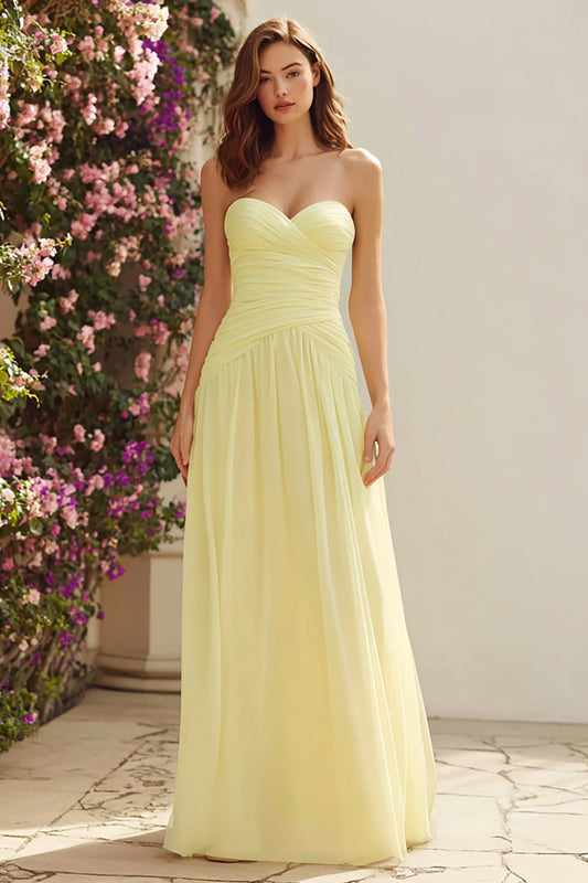 Light Yellow A Line Long Bridesmaid Dress