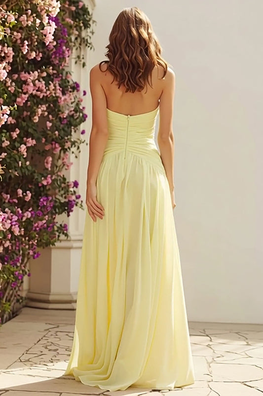 Light Yellow A Line Long Bridesmaid Dress