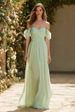Dusty Sage Long A Line Off the Shoulder Bridesmaid Dress