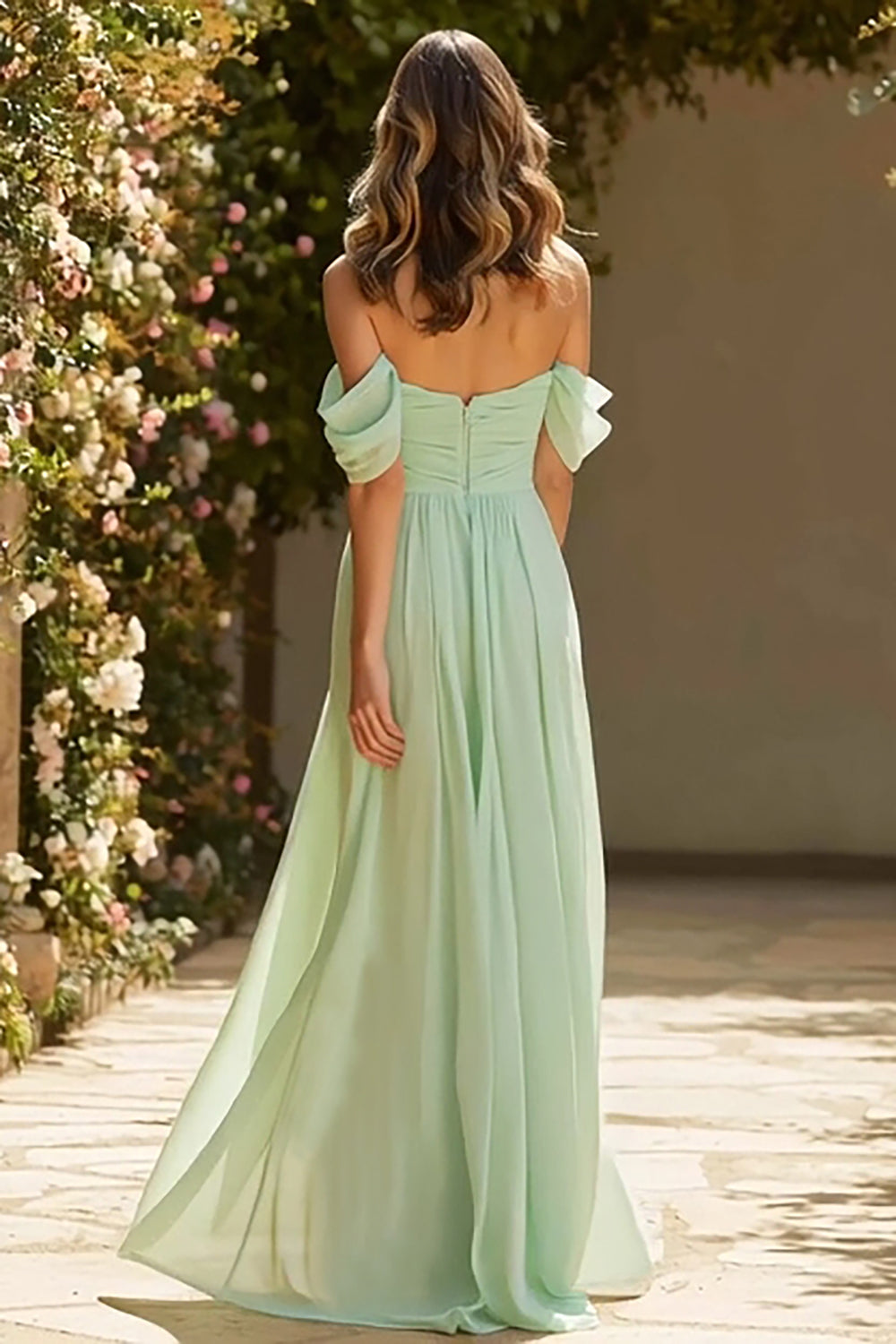 Dusty Sage Long A Line Off the Shoulder Bridesmaid Dress