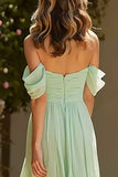 Dusty Sage Long A Line Off the Shoulder Bridesmaid Dress