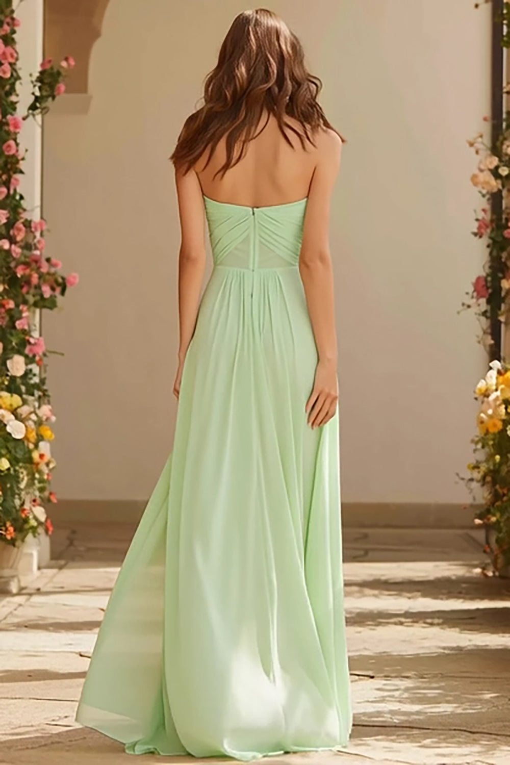 Dusty Sage Long A Line Strapless Bridesmaid Dress