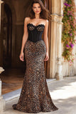Mermaid Brown Leopard Print Sweetheart Corset Long Prom Dress with Lace