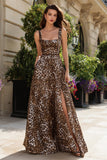 Brown Leopard Print Square Neck A-Line Long Prom Dress with Slit