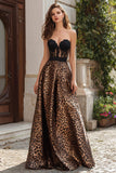 Brown Leopard Print Corset A-Line Long Prom Dress with Lace