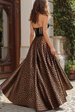 Brown Leopard Print Corset A-Line Long Prom Dress with Lace