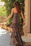 Brown Leopard Print Tiered Mermaid Long Prom Dress with Slit