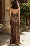 Sparkly Brown Leopard Print Beaded Mermaid Long Prom Dress