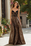 Brown Leopard Print A-Line Corset Long Prom Dress with Lace