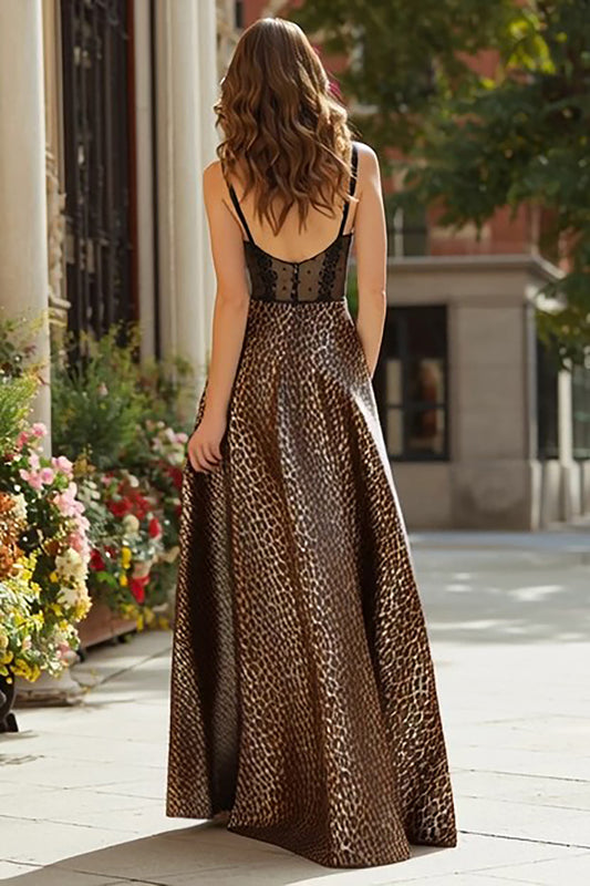 Brown Leopard Print A-Line Corset Long Prom Dress with Lace