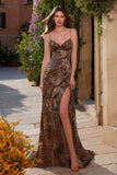 Brown Leopard Print Spaghetti Straps Long Prom Dress with Slit