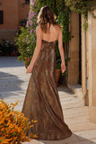 Brown Leopard Print Spaghetti Straps Long Prom Dress with Slit