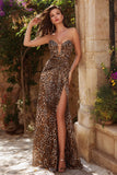 Brown Leopard Print Long Mermaid Prom Dress with Slit